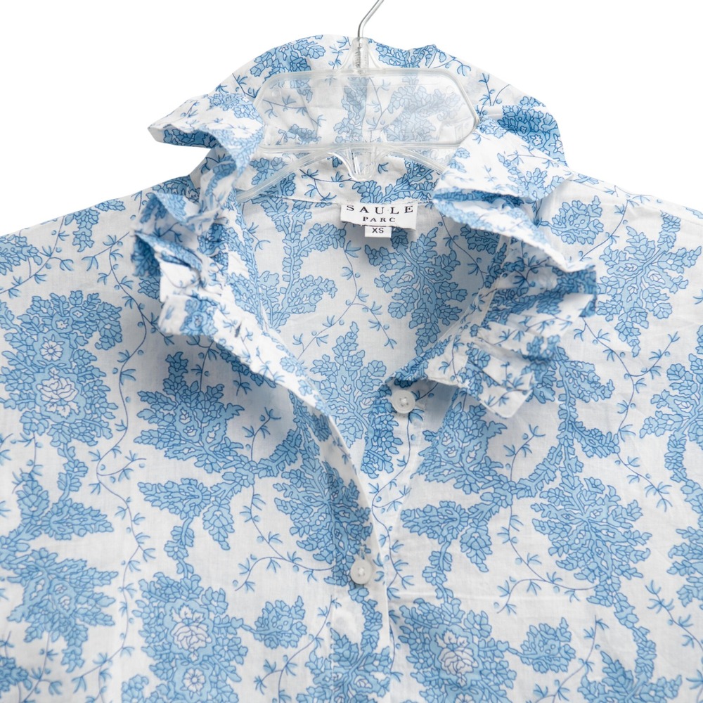 Saule Parc Shabby Chic Blouse XS Floral Ruffle Collar Blue French Toile Coquette